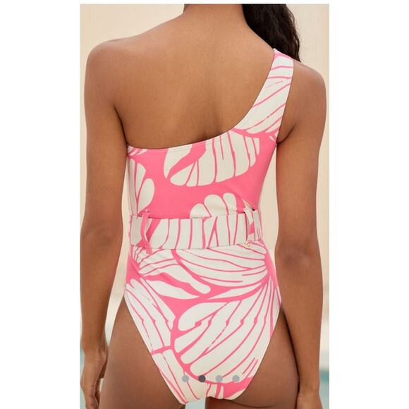 Hutch One-Shoulder Pink & White Tropical Leaf Swimsuit Size L - Picture 3 of 9